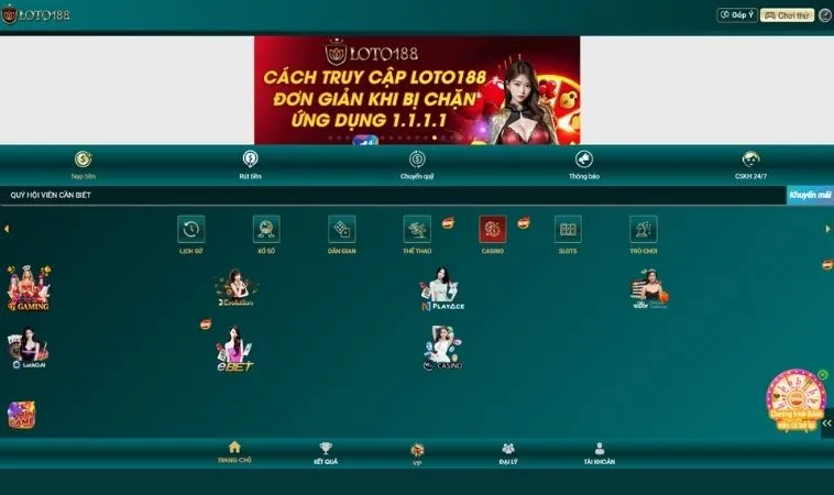 Sảnh Casino Online Loto188 thiết kế giao diện đẹp, chuyên nghiệp